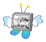 a gif of a small crt TV with angel wings and two small blue paws on the bottom, along with 2 yellow antennas. their screen switches between clouds, a dog barking, and a little happy face with static in between the screen switching